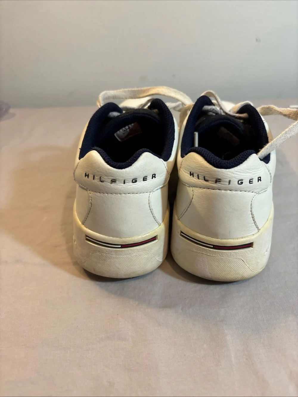 Tommy Hilfiger Women’s White Leather Sneakers with Navy Lining and Flag Accent